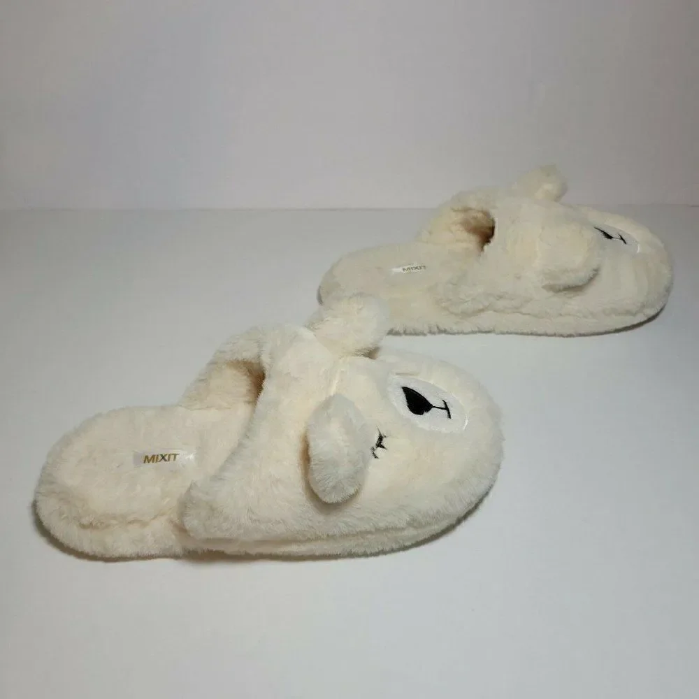 MIXIT Bear‎ Slippers Girls Size 5-6 Ivory Cream Plush Very Soft Slip On GUC